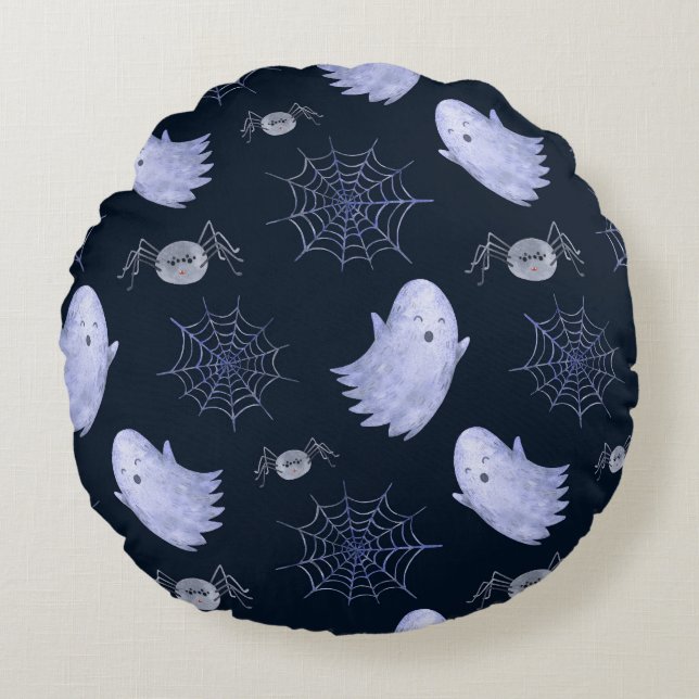 Funny Ghost Spider Halloween Pattern. Round Cushion (Front)