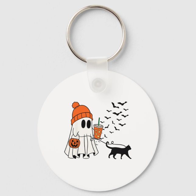 Funny Ghost Walking Cat Ghost Cat Halloween Spooky Key Ring (Front)