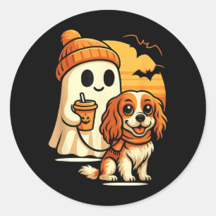Funny Ghost Walking Cavalier King Charles Dog Classic Round Sticker