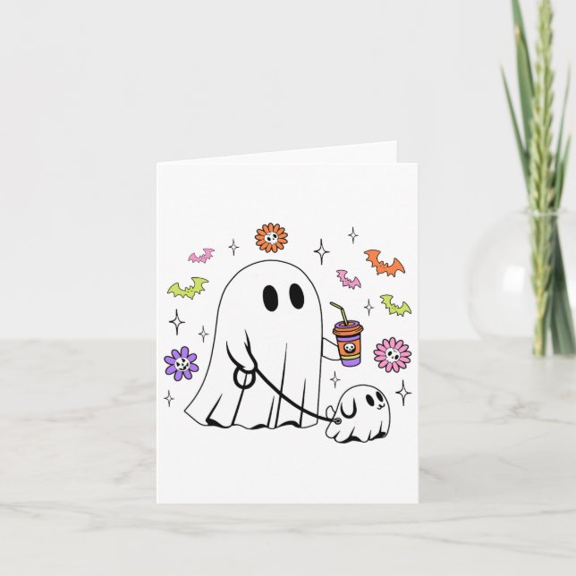 Funny Ghost Walking Dog Spooky Ghost Coffee Hallow Card (Front)
