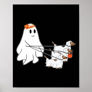 Funny Ghost Walking With Three Dog Halloween Fall Poster