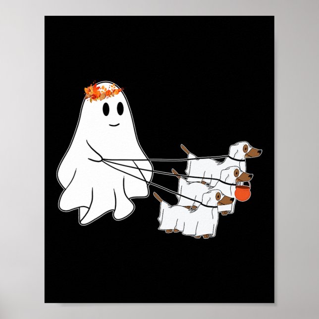 Funny Ghost Walking With Three Dog Halloween Fall  Poster (Front)