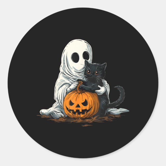 Funny Ghost With Black Cat And Jack O Lantern Classic Round Sticker (Front)