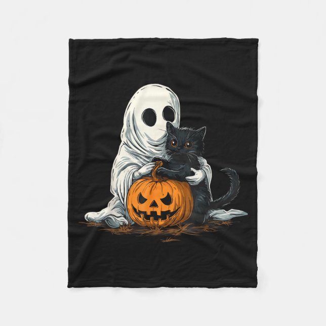 Funny Ghost With Black Cat And Jack O Lantern Fleece Blanket (Front)