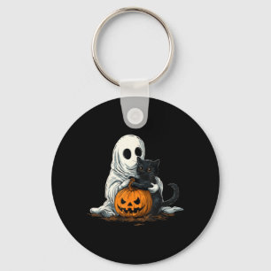 Funny Ghost With Black Cat And Jack O Lantern Key Ring