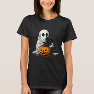 Funny Ghost With Black Cat And Jack O Lantern T-Shirt