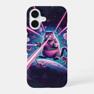 Funny giant cat and dinosaurs in space iPhone 16 case