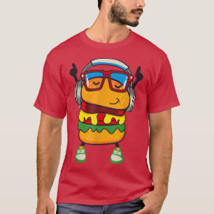 Funny Giant Hamburger Dancing With Music Headphone T-Shirt