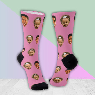 Funny Gift for Mum  – Custom 2 Face Photo Pink Socks