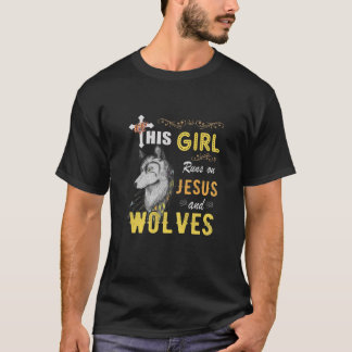 Funny Gift Watercolor Girl Run On Jesus And Wolves T-Shirt