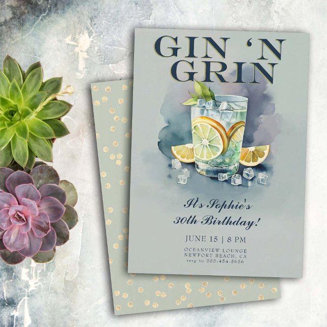 Funny Gin n Grin Cocktail Party 30th Birthday Invitation (30th birthday invitation for women funny gin grin cocktails party watercolor hilarious unique)