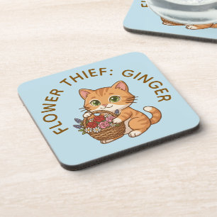 Funny Ginger Cat Flower Thief   Plastic Coaster