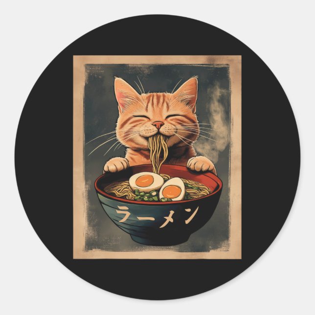 Funny Ginger Cat Ramen Japanese Graphic Tee Kawaii Classic Round Sticker (Front)