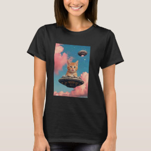 Funny Ginger Kitten Cat UFO in a Starry Night Sky T-Shirt