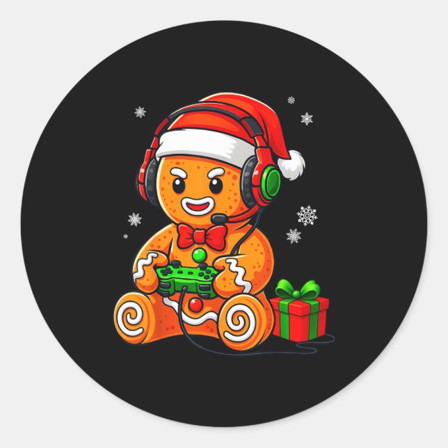 Funny Gingerbread Gaming Pjs Pajamas Christmas Xma Classic Round Sticker (Front)