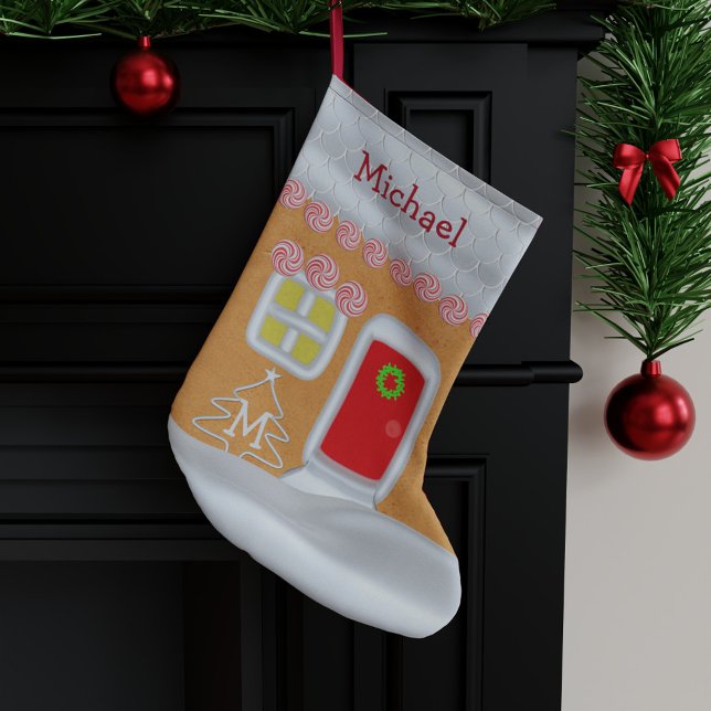 Funny Gingerbread House Personalised Kids Large Christmas Stocking (A fun and festive Christmas stocking inspired by a gingerbread house.)