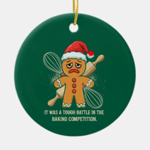 Funny Gingerbread Man "Tough Battle Baking  Ceramic Tree Decoration