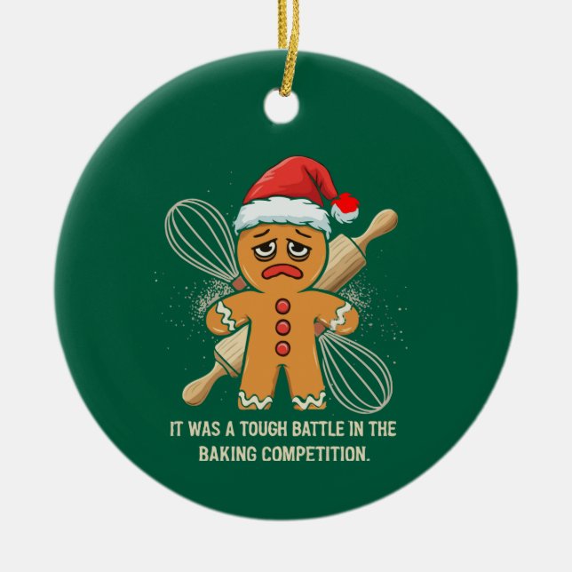 Funny Gingerbread Man "Tough Battle Baking  Ceramic Tree Decoration (Front)