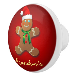 Funny Gingerbread Man with Santa Hat Ceramic Knob