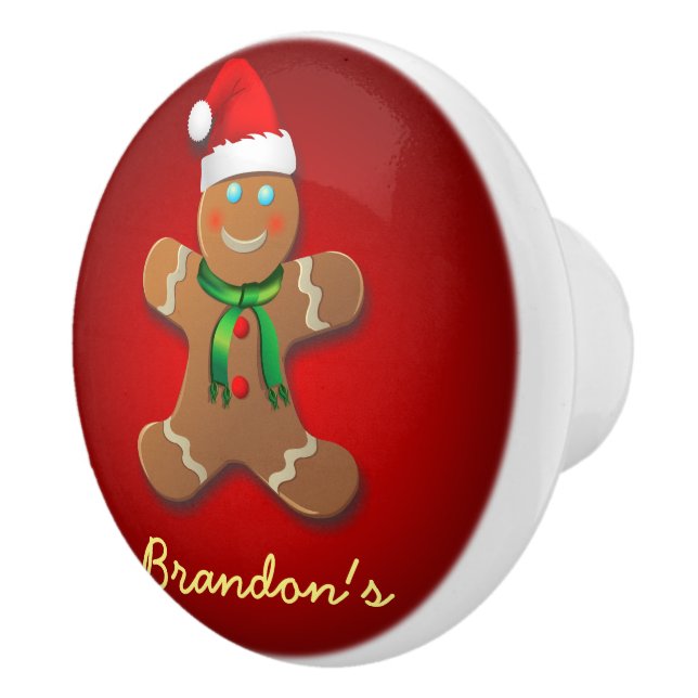Funny Gingerbread Man with Santa Hat Ceramic Knob (Right)