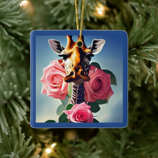 Funny Giraffe and Roses Surreal  Personalised Ceramic Ornament (Tree)