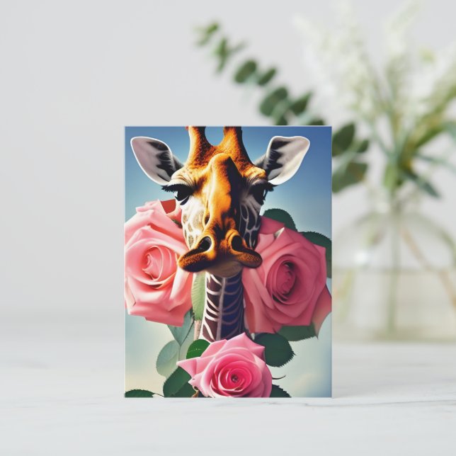 Funny Giraffe and Roses Surreal   Postcard (Standing Front)