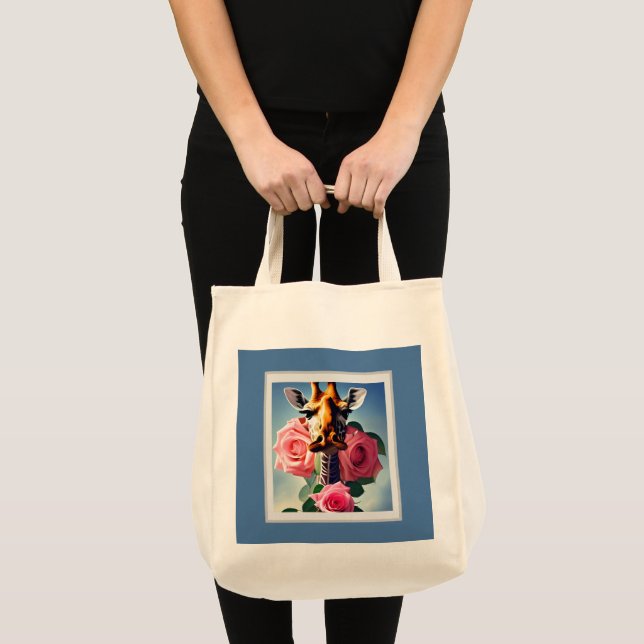 Funny Giraffe and Roses Surreal  Shopping Tote (Front (Product))