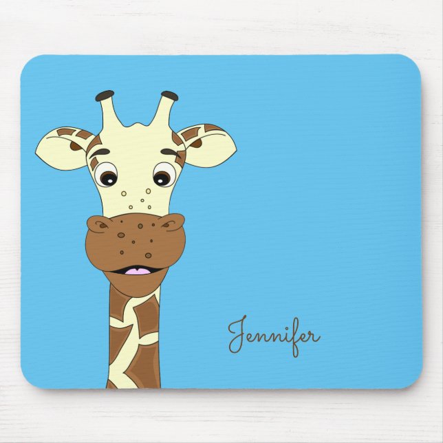 Funny giraffe cartoon blue name kids mousepad (Front)