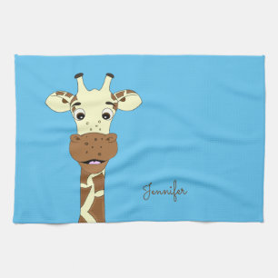 Funny giraffe cartoon blue name kitchen towel
