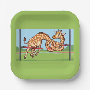 Funny Giraffe High Jump Cartoon Paper Plate