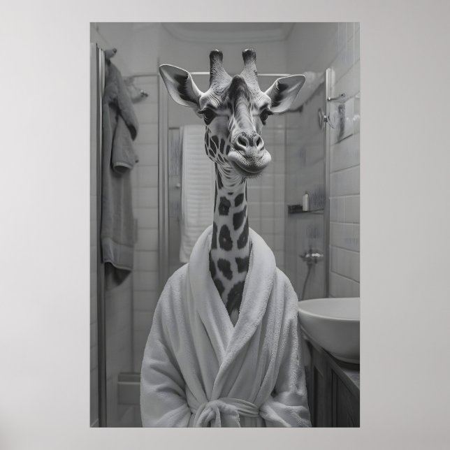 Funny Giraffe in Bathrobe Print, Quirky Bathroom Poster (Front)