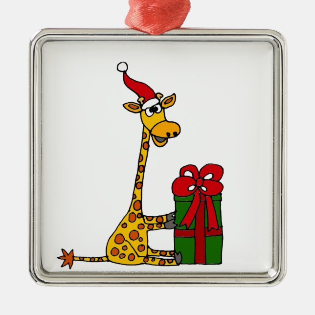 Funny Giraffe in Santa Hat Christmas Design Metal Tree Decoration (Front)
