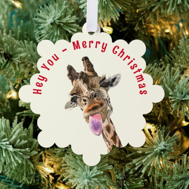 Funny Giraffe Merry Christmas Ornament Card (Insitu (Tree))