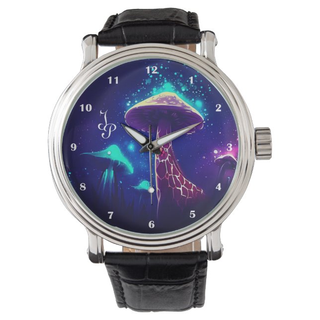 Funny Giraffe Mushroom Galaxy Stars Dark Blue Fun Watch (Front)