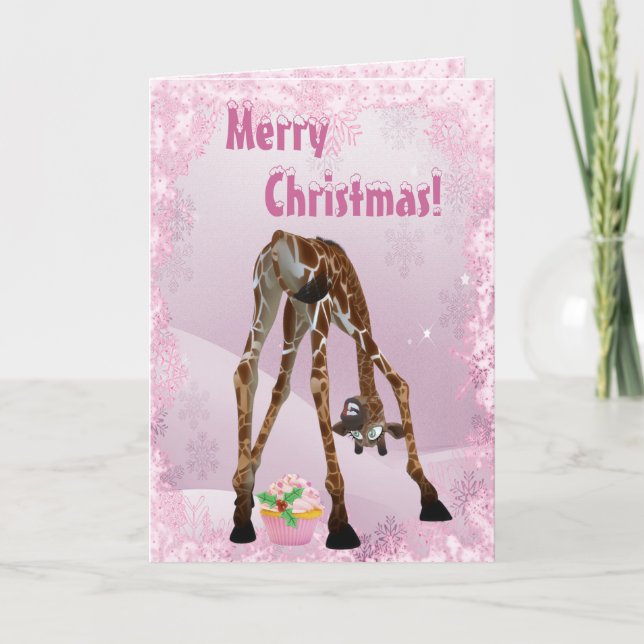 Funny Giraffe & Pink Cupcake Christmas Card (Front)