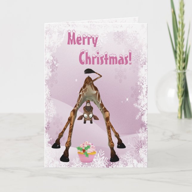 Funny Giraffe & Pink Cupcake Christmas Card (Front)