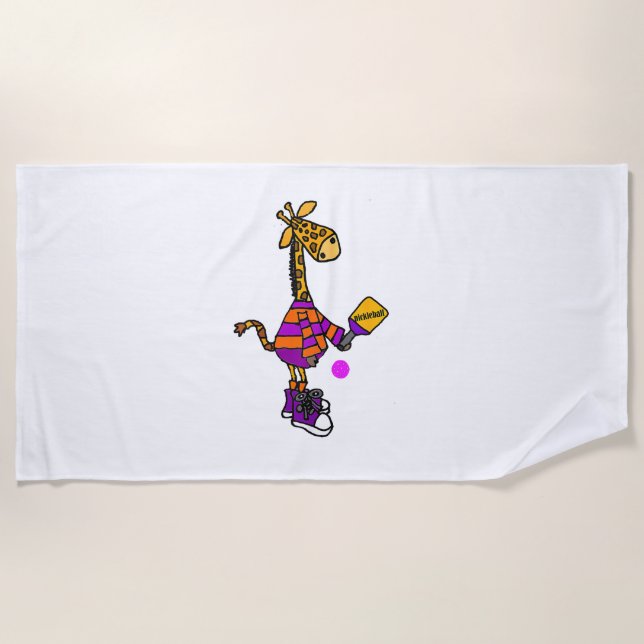 Funny Giraffe Playing Pickleball  Beach Towel (Front)