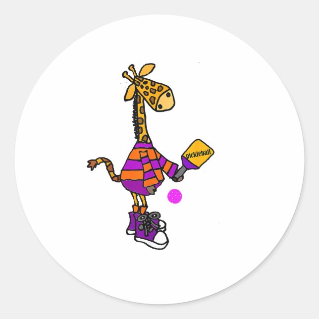 Funny Giraffe Playing Pickleball  Classic Round Sticker (Front)