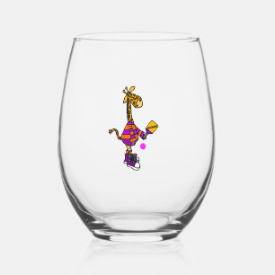 Funny Giraffe Playing Pickleball Stemless Wine Glass