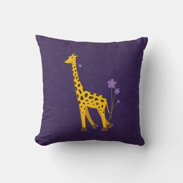 Funny Giraffe Roller Skating Violet Children's Cushion (Front)