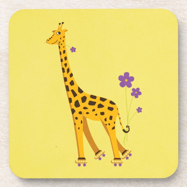 Funny Giraffe Roller Skating Yellow Girly Coaster (Front)