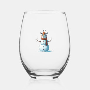 Funny Giraffe Snowman Scarf Christmas Womens Mens Stemless Wine Glass