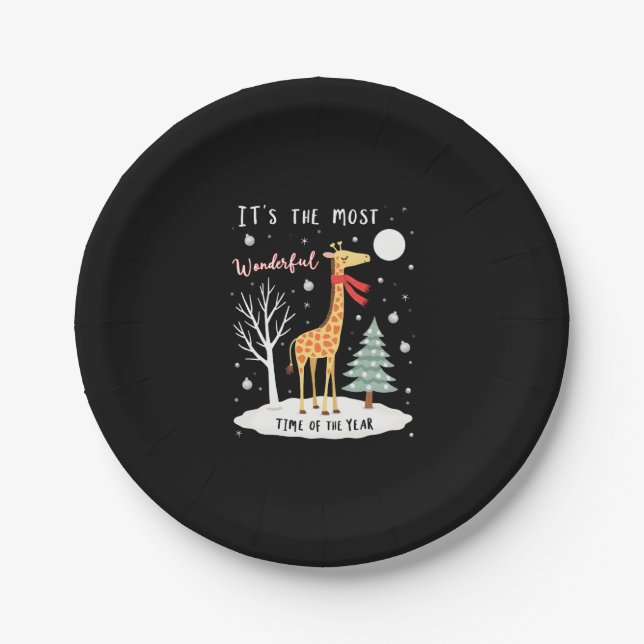 Funny Giraffe The Most Wonderful Time Christmas T- Paper Plate (Front)