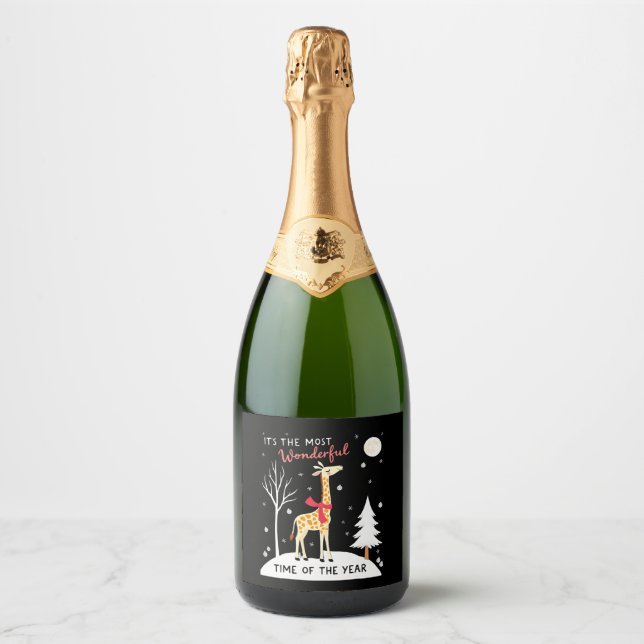Funny Giraffe The Most Wonderful Time Christmas T- Sparkling Wine Label (Front)