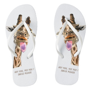 Funny Giraffe Tongue Out and Playful Wink Cartoon Jandals