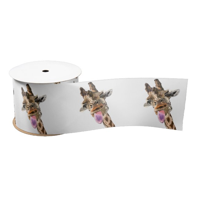 Funny Giraffe Tongue Out and Playful Wink Cartoon  Satin Ribbon (Spool)