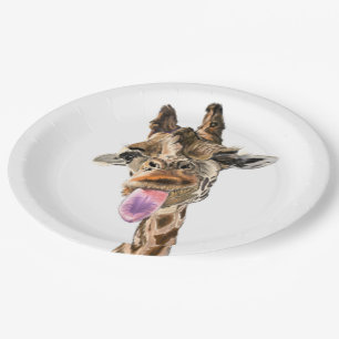 Funny Giraffe Tongue Out and Playful Wink - Fun Paper Plate