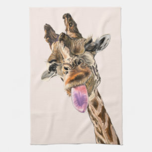 Funny Giraffe Tongue Out and Playful Wink - Fun Tea Towel