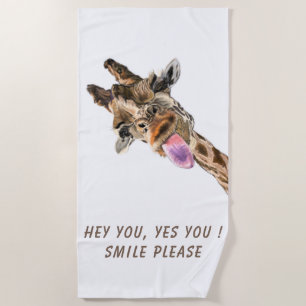 Funny Giraffe Tongue Out and Playful Wink - Smile  Beach Towel