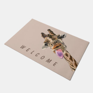 Funny Giraffe Tongue Out and Playful Wink Welcome Doormat